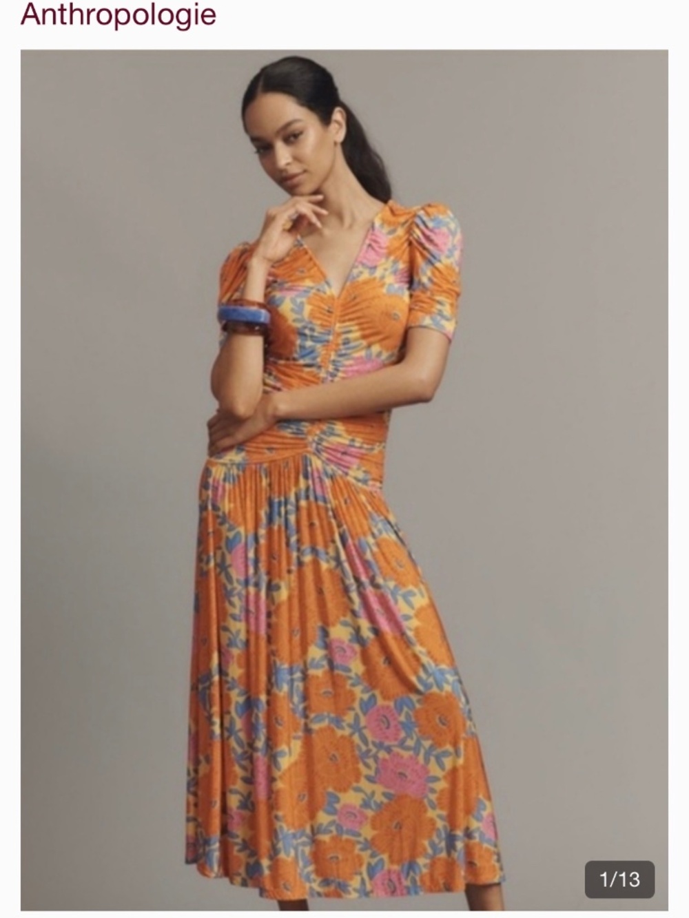 Farm Rio x Anthropologie Short-Sleeve V-Neck Ruched Midi Dress XL